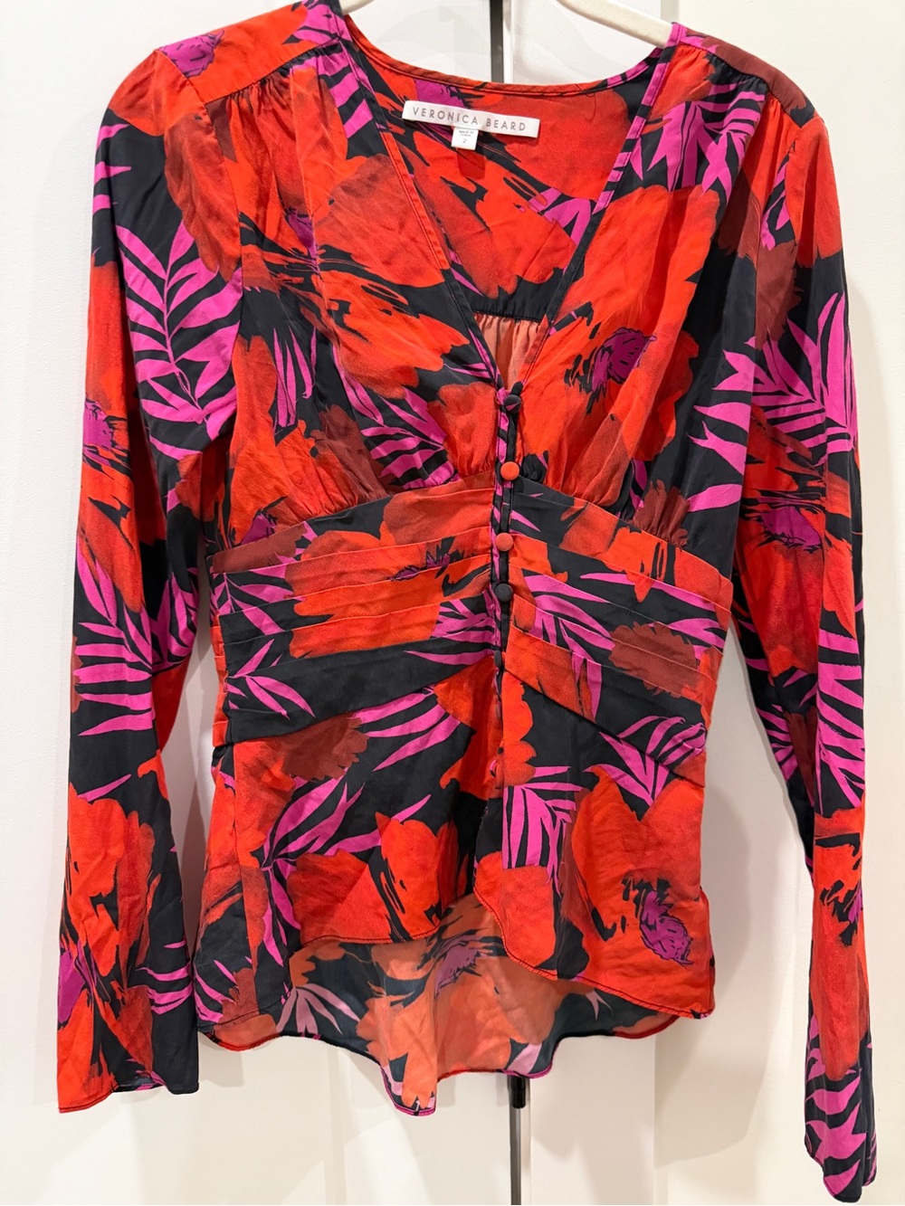 Veronica Beard Red & Pink Floral V-Neck Button Front Top